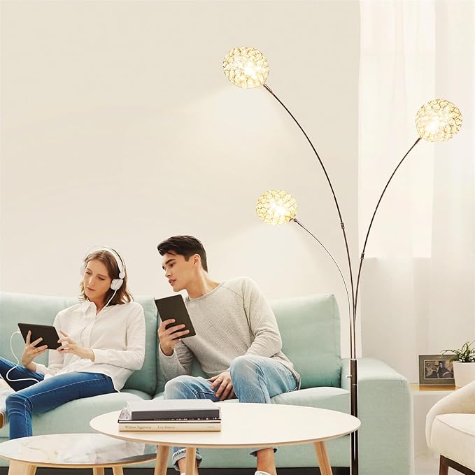 Depuley 3-Light Modern LED Floor Lamp, Adjustable Metal Tall Standing Lamps with Marble Base, Dimmable Arc Floor Lamp with Flexible Rotating Lights for Living Room, Bedroom(Silver, G9 Bulbs Included) - LeafyLoom