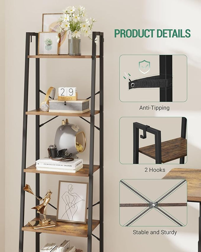 Ladder Shelf, Bookshelf Bookcase, Freestanding Corner Storage Shelve with 2 Hooks for Home Office, Living Room, Kitchen, Bedroom, Industrial, 5-Tier Rustic Brown BC19201B - LeafyLoom