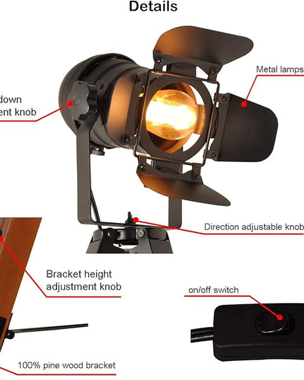 Decoluce Industrial Tripod Floor Table Lamp Vintage Wood Cinema Searchlight Standing Lighting Fixtures Nautical Spotlight Decorations-Not Include E26 Bulbs (Cinema) - LeafyLoom