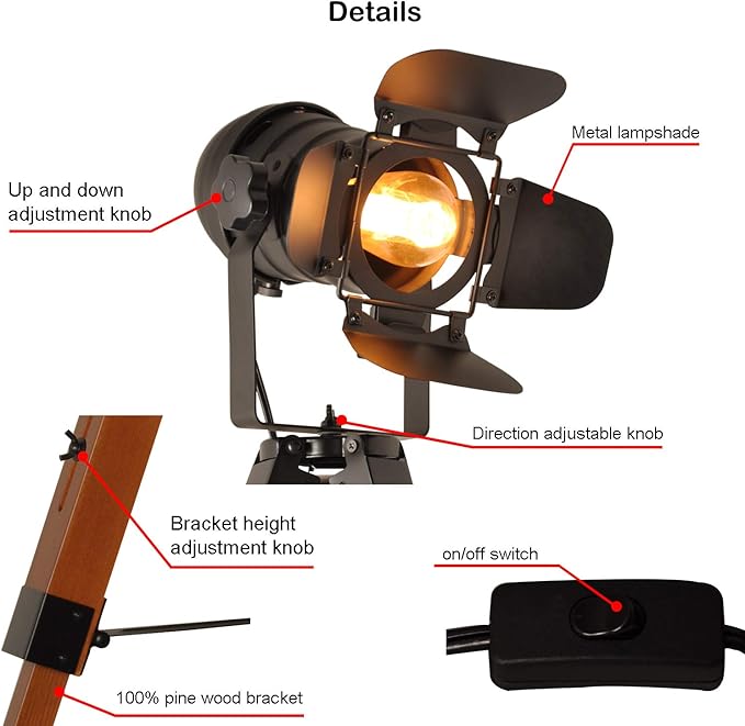 Decoluce Industrial Tripod Floor Table Lamp Vintage Wood Cinema Searchlight Standing Lighting Fixtures Nautical Spotlight Decorations-Not Include E26 Bulbs (Cinema) - LeafyLoom