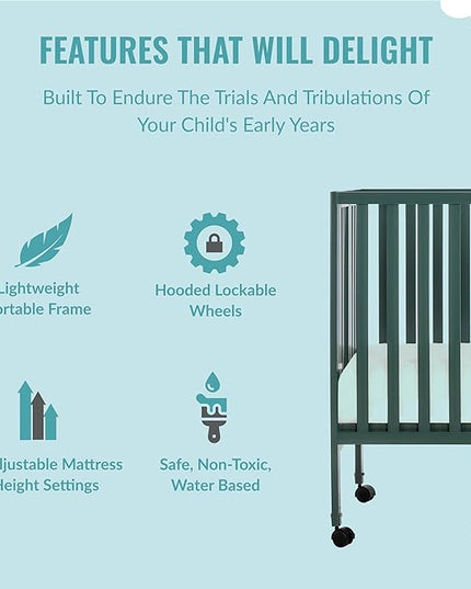Quinn Full-Size Folding Crib in Olive, Removeable Wheels, Modern Nursey, Adjustable Mattress Support, Portable Crib, Patented Folding System - LeafyLoom