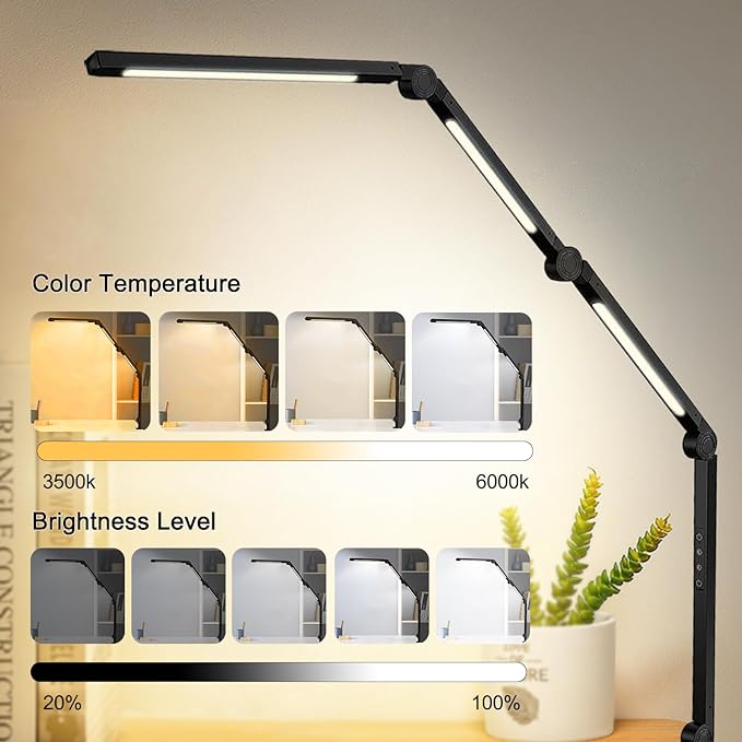 LED Desk Lamp with Clamp Flexible 4 sections Swing Arm Three light sources desk light, 4 Color Modes & 5 Brightness, Eye Caring Led table light with Memory Function for table lamps for office - LeafyLoom