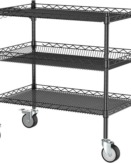 3 Tier Rolling Carts with Wheels,990Lbs Heavy Duty Rolling Utility Cart,NSF Commercial Grade Metal Cart with Handle&Shelf Liner,Trolley Serving Cart for Kitchen,Restaurant,Plant Display,Black - LeafyLoom