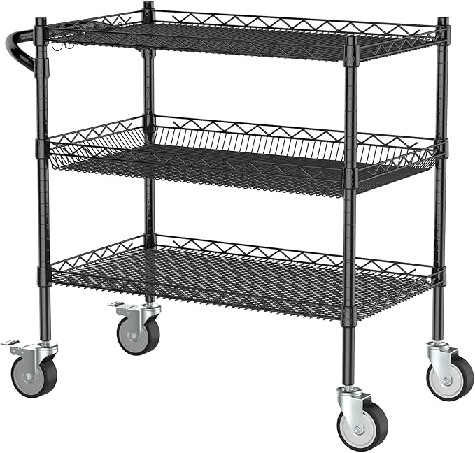 3 Tier Rolling Carts with Wheels,990Lbs Heavy Duty Rolling Utility Cart,NSF Commercial Grade Metal Cart with Handle&Shelf Liner,Trolley Serving Cart for Kitchen,Restaurant,Plant Display,Black - LeafyLoom