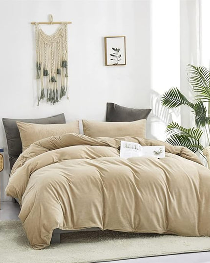 Wellboo Beige Velvet Comforter Sets Full Solid Cream Coffee Fluffy Bedding Comforters Luxury Champagne Flannel Quilts Women Men Light Taupe Fuzzy Blankets Modern Minimalist Khaki Tan Sherpa Plush Bed - LeafyLoom