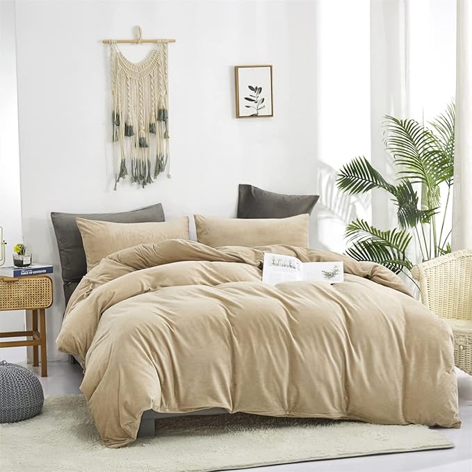Wellboo Beige Velvet Comforter Sets Full Solid Cream Coffee Fluffy Bedding Comforters Luxury Champagne Flannel Quilts Women Men Light Taupe Fuzzy Blankets Modern Minimalist Khaki Tan Sherpa Plush Bed - LeafyLoom