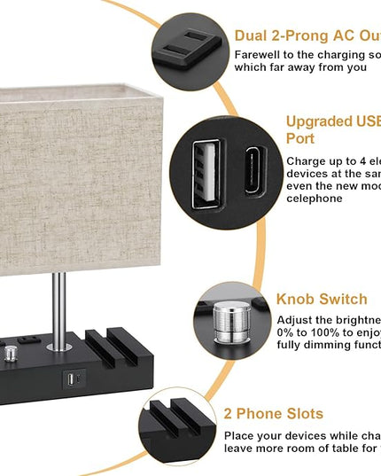 Kakanuo Table Lamp for Bedroom with Dual USB Ports, Beige Fully Dimmable Bedside Lamp with Phone Stands and 2 Charging Outlets, Desk Lamp for Nightstand and Living Room, LED Bulb Included - LeafyLoom