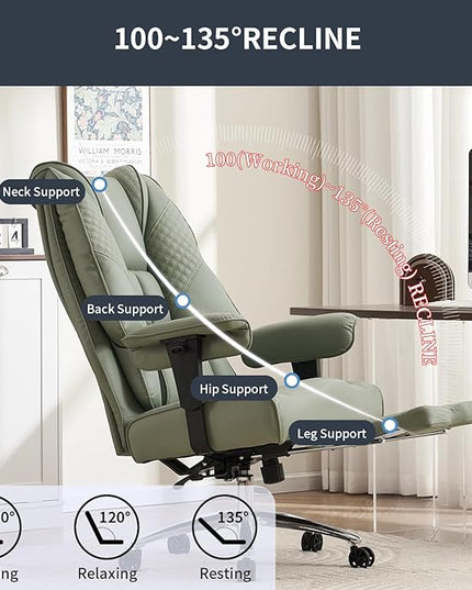 Big and Tall Office Chair 400lbs Wide Seat, Leather High Back Executive Office Chair with Foot Rest, Ergonomic Office Chair Lumbar Support for Lower Back Pain Relief (Light Green) - LeafyLoom