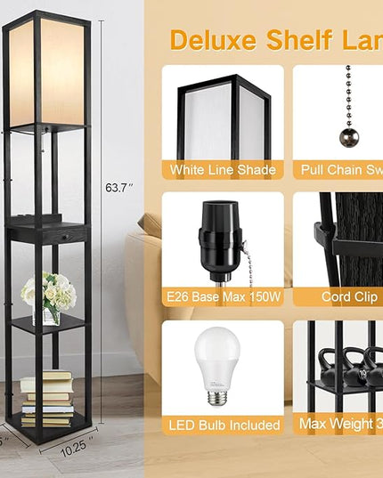 OUTON Floor Lamp with Shelves, 1 Drawer, 2 USB-C Ports, 2 AC Outlets, LED Modern Floor Lamp with 3 Color Temperature, Storage Display Wood Standing Lamp for Living Room, Bedroom, Office (Black) - LeafyLoom