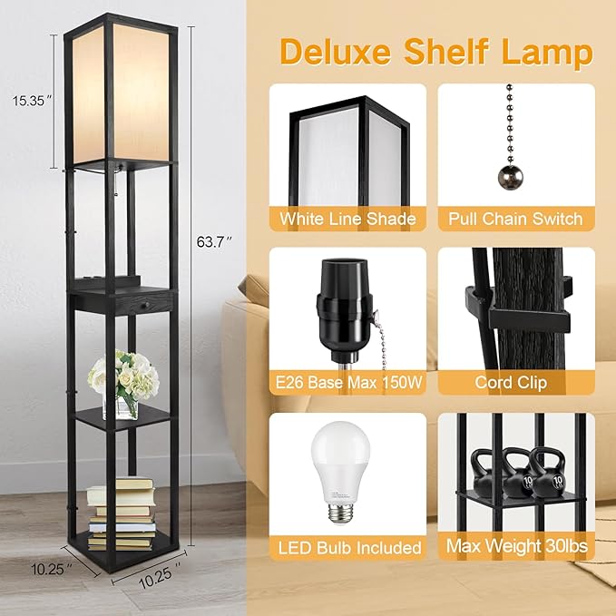 OUTON Floor Lamp with Shelves, 1 Drawer, 2 USB-C Ports, 2 AC Outlets, LED Modern Floor Lamp with 3 Color Temperature, Storage Display Wood Standing Lamp for Living Room, Bedroom, Office (Black) - LeafyLoom