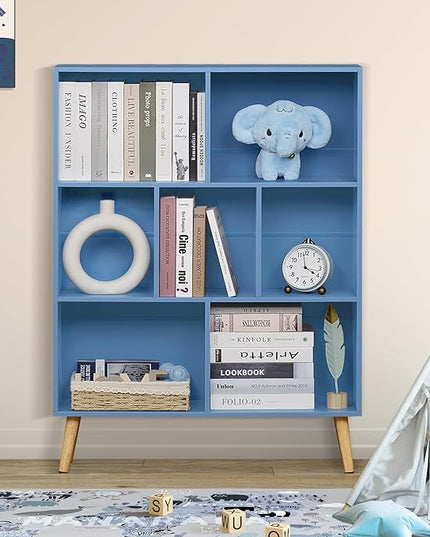 YAHARBO 7 Cube Bookshelf, Blue Kids Book Shelf with Cubby Storage,Wooden Modern Bookcase with Legs,3 Tier Freestanding Display Book Case,Children Toy Organizer,Bookshelves for Office,Nursery,Playroom - LeafyLoom
