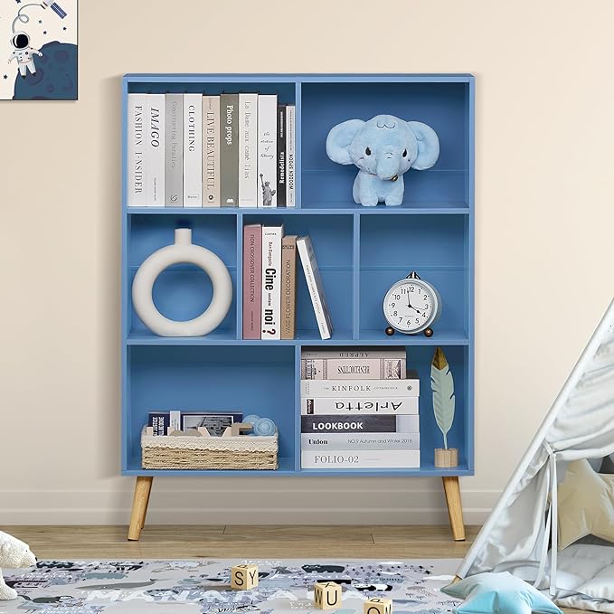 YAHARBO 7 Cube Bookshelf, Blue Kids Book Shelf with Cubby Storage,Wooden Modern Bookcase with Legs,3 Tier Freestanding Display Book Case,Children Toy Organizer,Bookshelves for Office,Nursery,Playroom - LeafyLoom