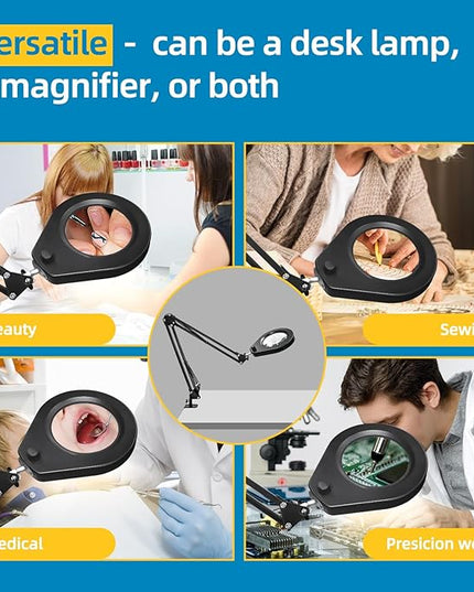 Magnifying Glass with Light and Clamp, 10X Real Glass / 2.5'' Opening Clamp/Lighted Magnifying Glass in 5-Color 10-Level Dimmable/Postioned by Swing Arm/for Close Work Hobbies Precision Tasks - LeafyLoom