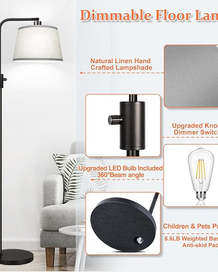 【Upgraded】 Dimmable Floor Lamp, 1000 Lumens LED Edison Bulb Included, Arc Floor Lamps for Living Room Modern Standing Lamp with Gray Shade, Tall Lamps for Living Room Bedroom Office Dining Room - LeafyLoom
