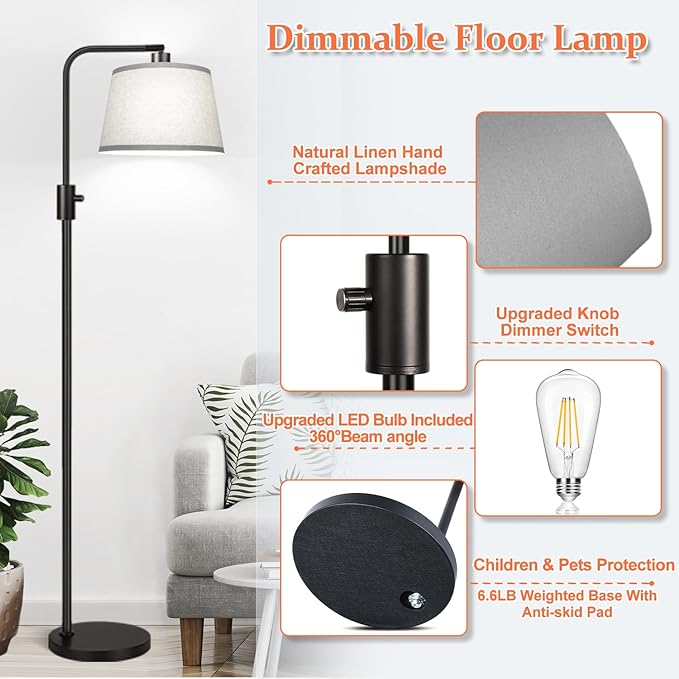 【Upgraded】 Dimmable Floor Lamp, 1000 Lumens LED Edison Bulb Included, Arc Floor Lamps for Living Room Modern Standing Lamp with Gray Shade, Tall Lamps for Living Room Bedroom Office Dining Room - LeafyLoom