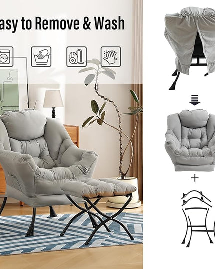 Lazy Chair with Ottoman, Modern Chair with Folding Footrest, Lounge Accent Chair, Comfortable Reading Chair (Peach Light Grey) - LeafyLoom