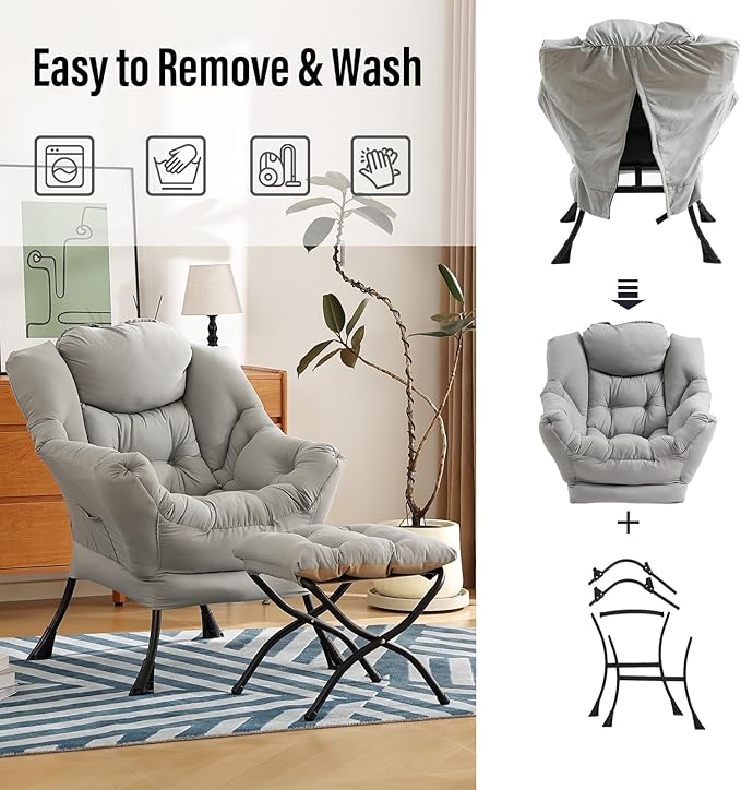 Lazy Chair with Ottoman, Modern Chair with Folding Footrest, Lounge Accent Chair, Comfortable Reading Chair (Peach Light Grey) - LeafyLoom