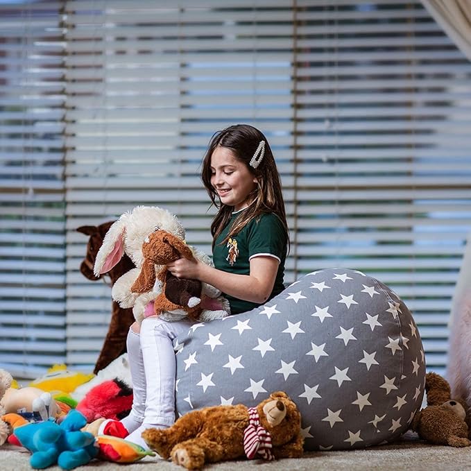 Wekapo Stuffed Animal Storage Bean Bag Chair Cover for Kids | Stuffable Zipper Beanbag for Organizing Children Plush Toys Large Premium Cotton Canvas (Grey Star, XX-Large) - LeafyLoom