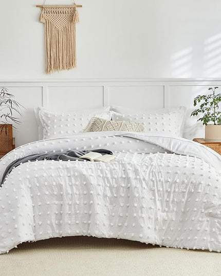 7 Pieces Tufted Dots Bed in a Bag King Comforter Set with Sheets White , Soft and Embroidery Shabby Chic Boho Comforters, Solid Color with Pom Pom Design, Jacquard Tufts Bedding Set for All Season - LeafyLoom