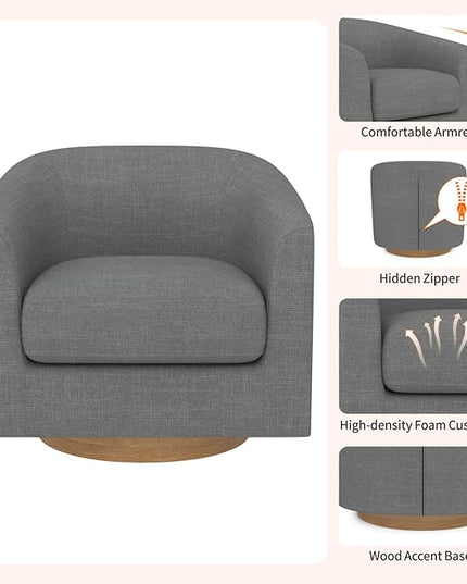 MUUEGM Accent Chair with Arms, 360 Degree Swivel Accent Chair with Wood Base, Modern Barrel Chair for Living Room, Bedroom, Waiting Room, Fully Assembled,Performance Fabric in Dark Grey - LeafyLoom
