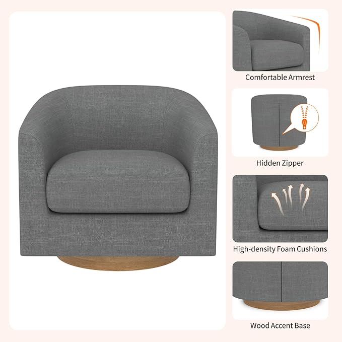 MUUEGM Accent Chair with Arms, 360 Degree Swivel Accent Chair with Wood Base, Modern Barrel Chair for Living Room, Bedroom, Waiting Room, Fully Assembled,Performance Fabric in Dark Grey - LeafyLoom