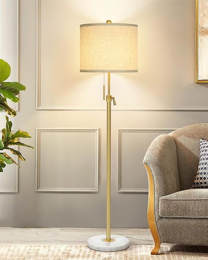 Modern Floor Lamp for Living Room, Adjustable Height Standing Lamp with Marble Base, Gold Tall Pole Light with Linen Shade for Reading Bedroom, Chain Switch, 8W 3-Way Dimmable Bulb Included - LeafyLoom