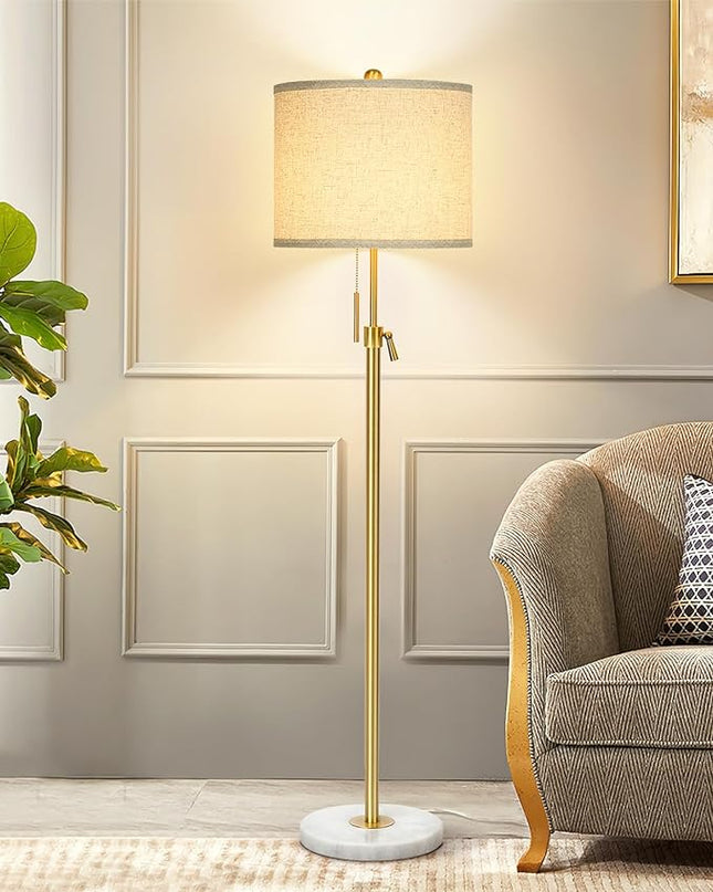 Modern Floor Lamp for Living Room, Adjustable Height Standing Lamp with Marble Base, Gold Tall Pole Light with Linen Shade for Reading Bedroom, Chain Switch, 8W 3-Way Dimmable Bulb Included - LeafyLoom