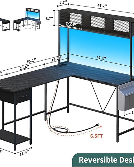 Yoobure L Shaped Desk Gaming Desk with LED Strip & Power Outlet, Reversible L-Shaped Computer Desk with Drawer, Corner Desk with Storage Shelf, 2 Person Home Office Desk, Carbon Fiber Black - LeafyLoom