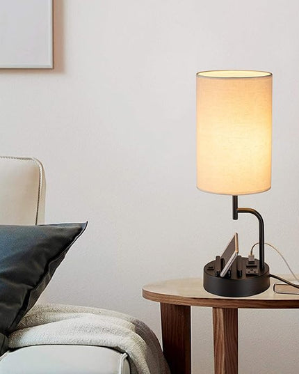 Dreamholder Table Lamp with 3 USB Charging Ports, Modern Desk Lamp with AC Outlet and Phone Stands, Perfect Bedside Lamp for Bedroom, Living Room, Office (Pack of 2), Cream - LeafyLoom