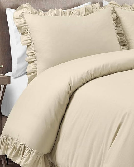Lush Decor Reyna Ruffle 100% Cotton Duvet Cover Set - 3 Piece Cozy Ruffled Bedding Set - Timeless Elegance and Comfort - Full/ Queen, Wheat - LeafyLoom