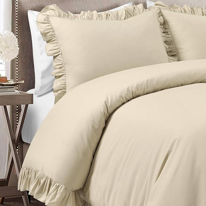 Lush Decor Reyna Ruffle 100% Cotton Duvet Cover Set - 3 Piece Cozy Ruffled Bedding Set - Timeless Elegance and Comfort - Full/ Queen, Wheat - LeafyLoom