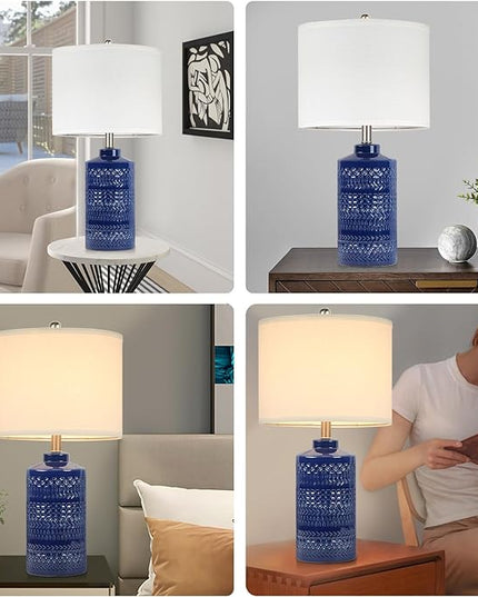Navy Blue Table Lamp 24.5", Modern Bedside Lamp Blue Ceramic Table Lamps for Living Room 3-Way Dimmable Entryway Lamp Nightstand Lamp Farmhouse Lamp for Home Office Bedroom, Bulb Included - LeafyLoom