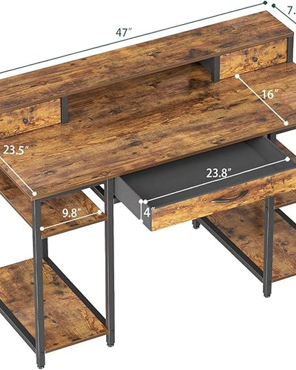Treesland 47 Inch Multifunctional Computer Desk with Monitor Shelf, Professional Dual Tiers Writing Desk, 3 Drawers, and Storage - Sturdy Home Office Desk, Brown - LeafyLoom
