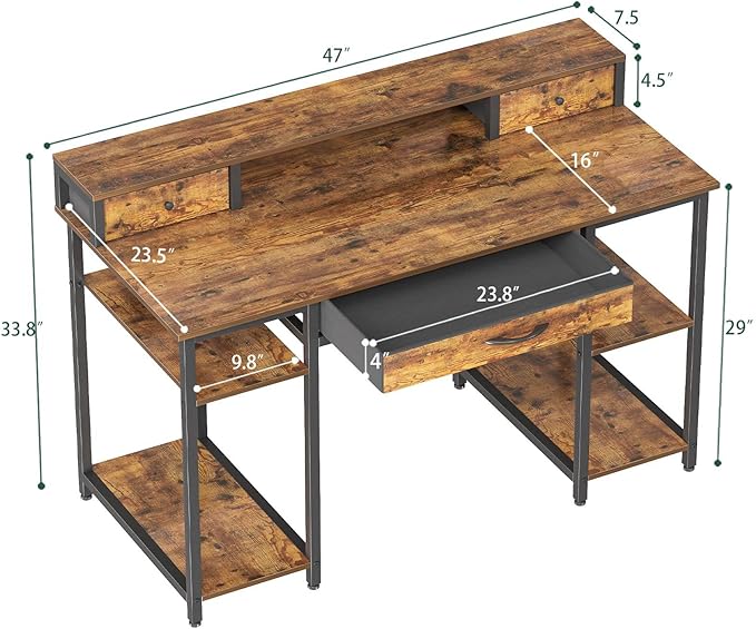 Treesland 47 Inch Multifunctional Computer Desk with Monitor Shelf, Professional Dual Tiers Writing Desk, 3 Drawers, and Storage - Sturdy Home Office Desk, Brown - LeafyLoom