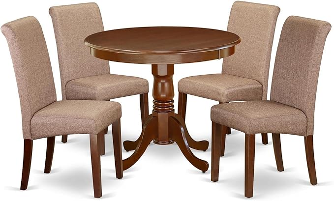 East West Furniture ANBA5-MAH-18 5 Piece Set for 4 includes a Round Kitchen Table with Pedestal and 4 Brown Linen Fabric Parson Dining Chairs, 36x36 Inch - LeafyLoom