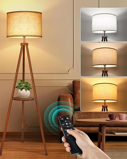 OUTON Wood Tripod Floor Lamp with Shelves, Mid Century LED Modern Dimmable Floor Lamp with Remote Control, Sturdy Tall Standing Lamp with Beige Linen Texture Shade for Living Room, Bedroom, Office - LeafyLoom