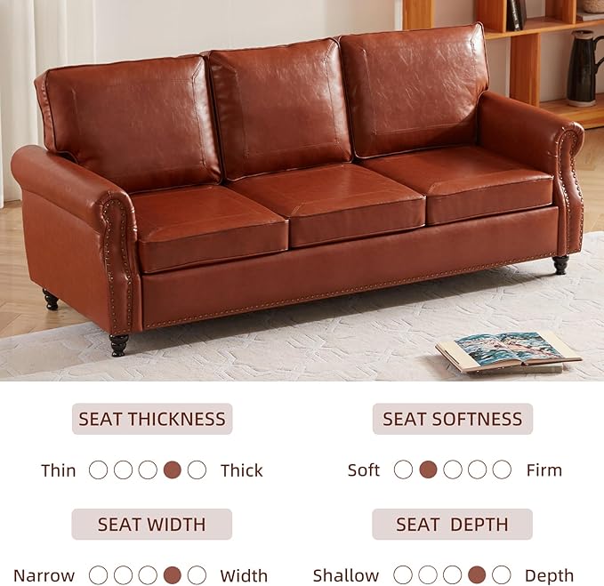 Dreamsir 79'' Traditional Faux Leather Sofa, 3 Seater Couch with Nailhead Trim and Rolled Arms, Classic Couches for Living Room, Bedroom, Apartment, Easy Assembly（Reddish Brown） - LeafyLoom