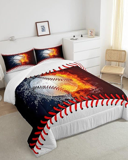 Erosebridal Baseball Comforter Set Kids Baseball Queen Bedding Set for Teen Boys Sports Games Bedding Comforter Sets Red Blue Water Fire Quilted Duvet Sport Theme Bedroom Dorm Decor 2 Pillowcases - LeafyLoom