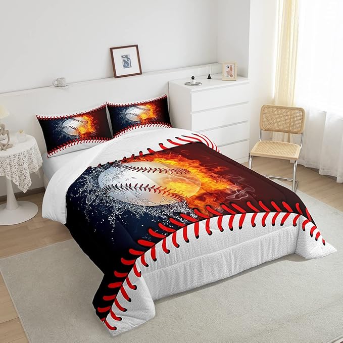 Erosebridal Baseball Comforter Set Kids Baseball Queen Bedding Set for Teen Boys Sports Games Bedding Comforter Sets Red Blue Water Fire Quilted Duvet Sport Theme Bedroom Dorm Decor 2 Pillowcases - LeafyLoom