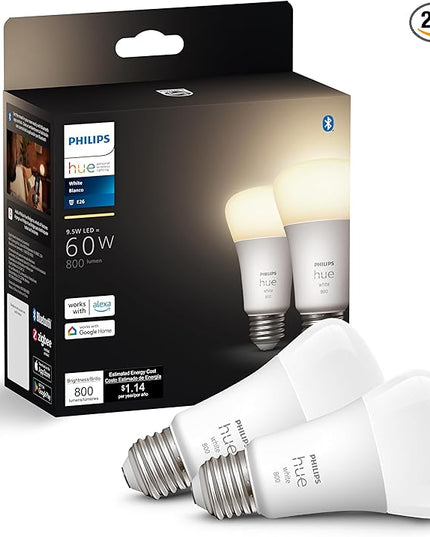 Philips Hue Smart 60W A19 LED Bulb - Soft Warm White Light - 2 Pack - 800LM - E26 - Indoor - Control with Hue App - Works with Alexa, Google Assistant and Apple Homekit PhilipsHue