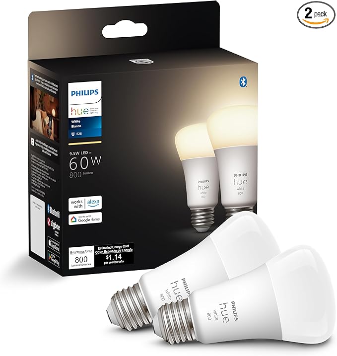 Philips Hue Smart 60W A19 LED Bulb - Soft Warm White Light - 2 Pack - 800LM - E26 - Indoor - Control with Hue App - Works with Alexa, Google Assistant and Apple Homekit PhilipsHue