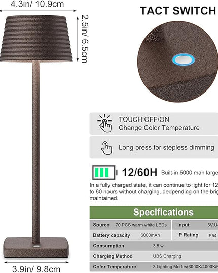 Rechargeable Cordless Table Lamp, Battery 5000mAh Metal Aluminum Housing USB LED Portable Powered Desk Lamp, 3 Levels Brightness Night Light for Restaurants Bars Outdoor (ferruginous-2pack) - LeafyLoom