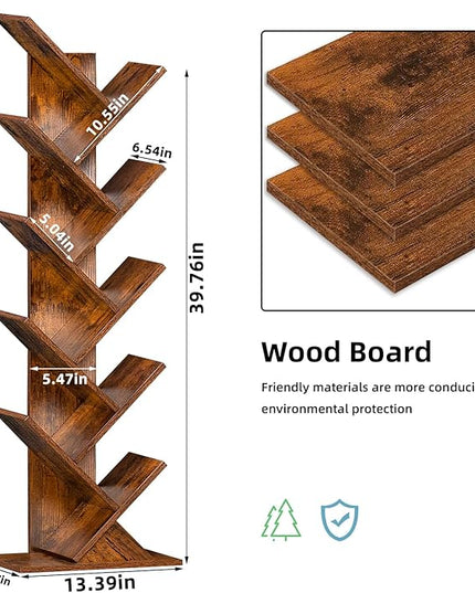 10 Tier Tree Book Shelf, Floor Standing Wood Bookshelf for Narrow Space, Storage Organizer Bookshelves for Books/CDs/Magazine, Bookcase with Shelves for Home Office, Living Room - Brown - LeafyLoom