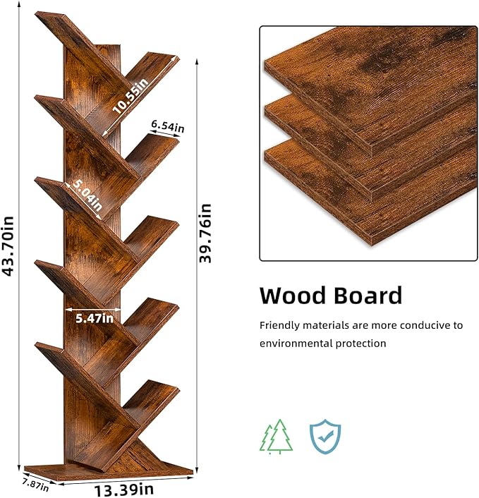 10 Tier Tree Book Shelf, Floor Standing Wood Bookshelf for Narrow Space, Storage Organizer Bookshelves for Books/CDs/Magazine, Bookcase with Shelves for Home Office, Living Room - Brown - LeafyLoom