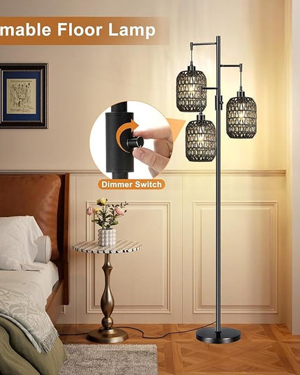 Floor Lamp for Living Room,Bedroom,Boho Rattan Floor Lights,Dimmable Industrial Black Farmhouse Tree 3 Standing Lamp Wicker Rustic Tall Lamp,Woven Bamboo Lamp Shade Floor Lamps Bohemian - LeafyLoom