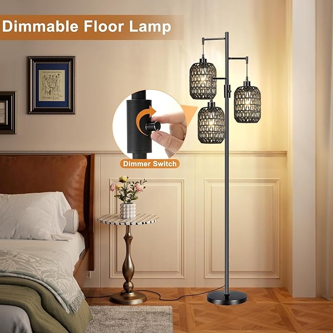 Floor Lamp for Living Room,Bedroom,Boho Rattan Floor Lights,Dimmable Industrial Black Farmhouse Tree 3 Standing Lamp Wicker Rustic Tall Lamp,Woven Bamboo Lamp Shade Floor Lamps Bohemian - LeafyLoom