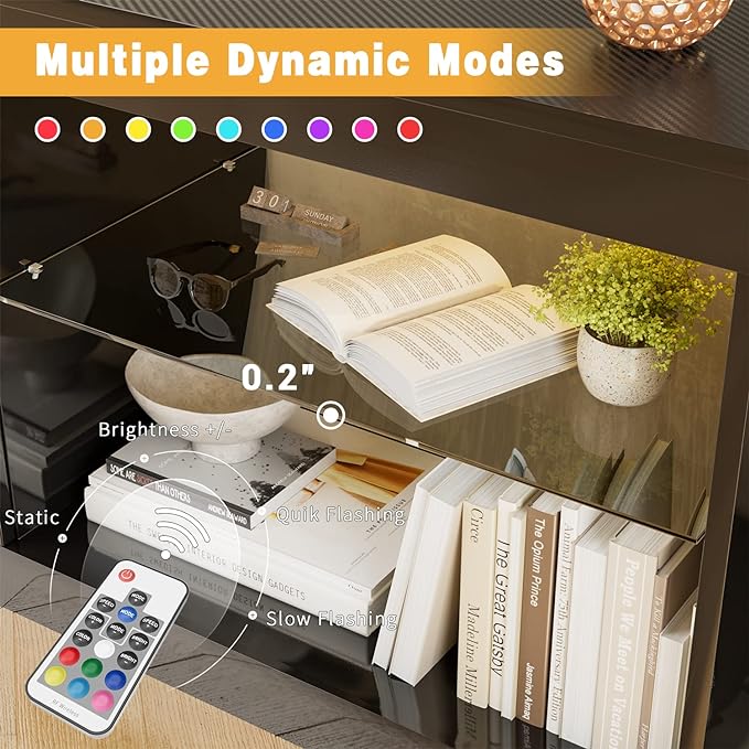 YESHOMY Modern LED TV Stand for Televisions up to 65+ Inch with Glass Shelves and Drawer, Gaming Entertainment Center with Multiple Dynamic RGB Modes, for Livingroom, Bedroom, 55 Inch, Black - LeafyLoom