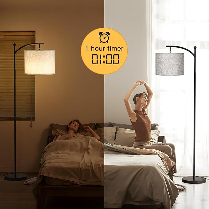 Ambimall Floor Lamp with Remote Control and Stepless Dimmable Bulb, Colors Temperature & Brightness Adjustable, Modern Floor Lamps for Living Room（Grey Shade & Black Pole） - LeafyLoom