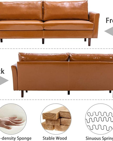 Dreamsir 80'' Faux Leather Sofa Couch, Mid-Century Modern Sofa with Solid Wooden Frame & Padded Cushions, 3-Seater Couch for Living Room, Apartment, Lounge Room (Camel) - LeafyLoom
