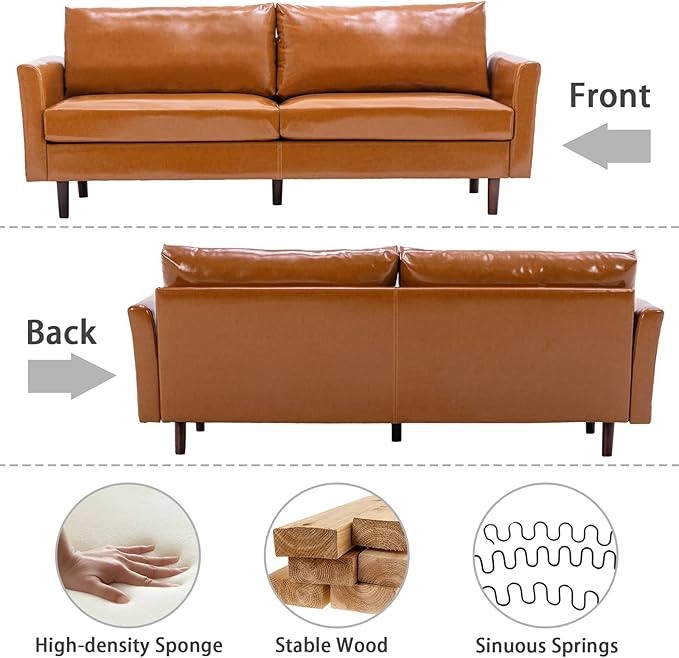 Dreamsir 80'' Faux Leather Sofa Couch, Mid-Century Modern Sofa with Solid Wooden Frame & Padded Cushions, 3-Seater Couch for Living Room, Apartment, Lounge Room (Camel) - LeafyLoom